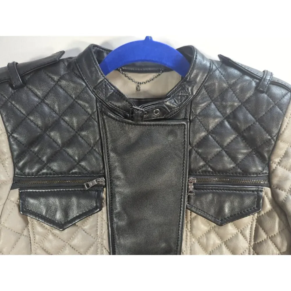 BCBGMAXAZRIA Jacket XS Black Beige Quilted Lamb Leather Moto Biker Womens
